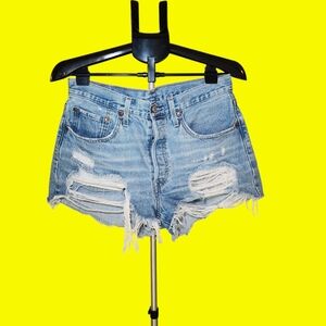 Levi's Classic Blue Ripped Jean Shorts 501, Button Down